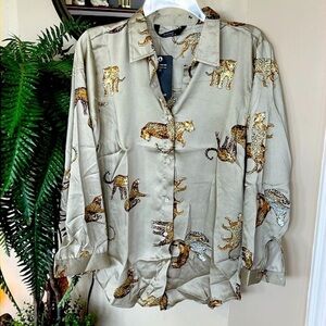 Brand New Button Up Blouse Leopard Printed Satin Polyester Long Sleeved Top